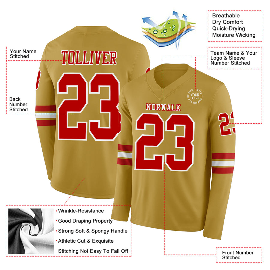 Custom Old Gold Red-White Long Sleeve Authentic Football Jersey