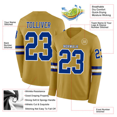Custom Old Gold Royal-White Long Sleeve Authentic Football Jersey