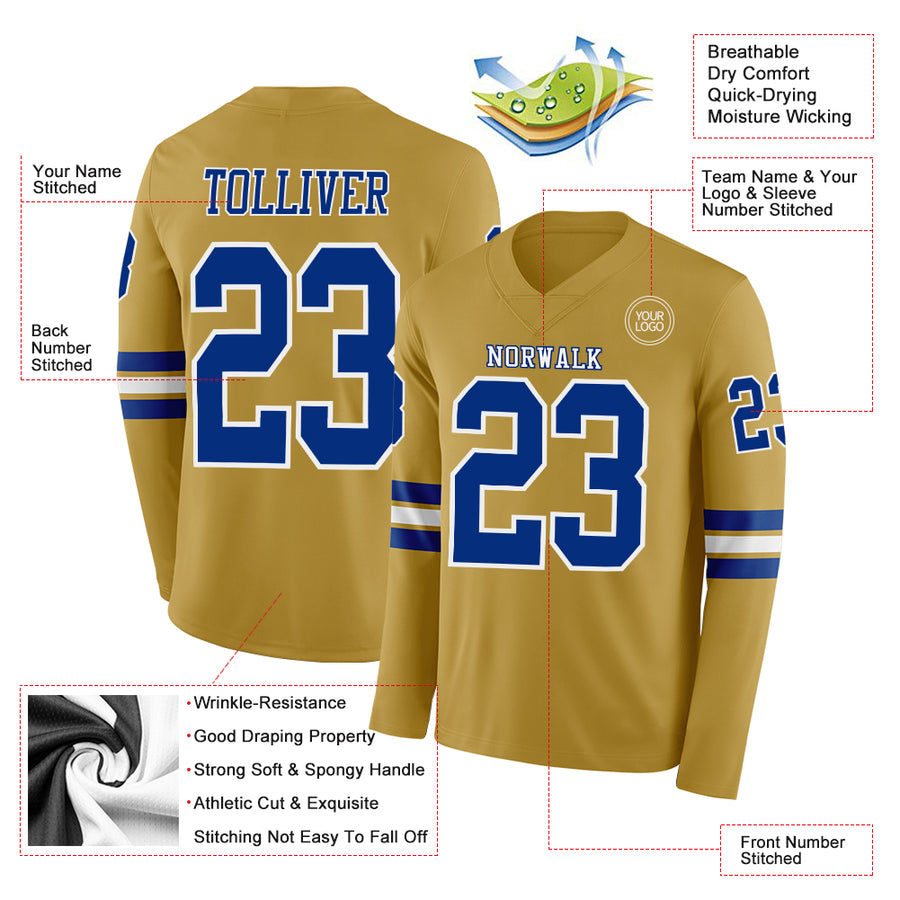 Custom Old Gold Royal-White Long Sleeve Authentic Football Jersey