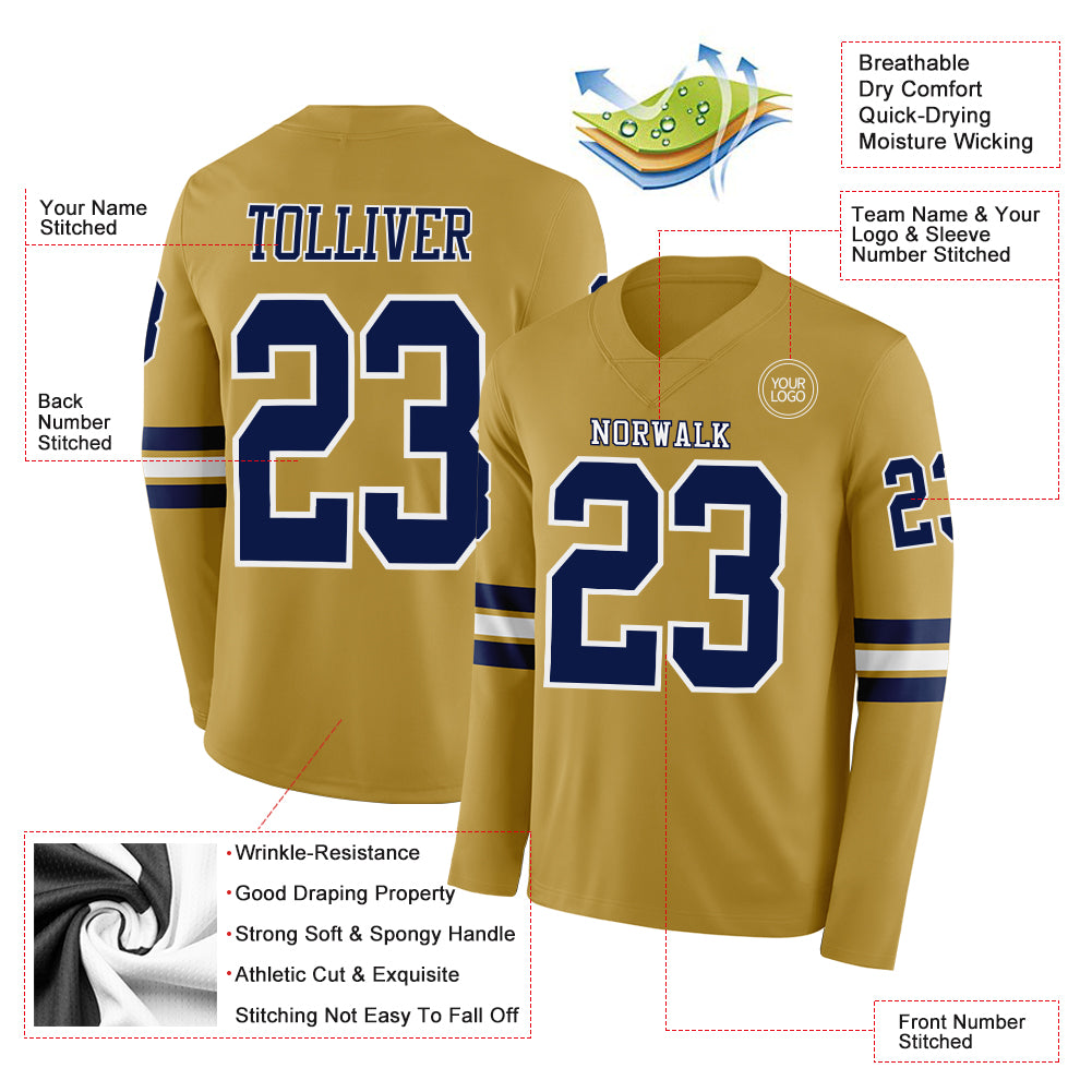 Custom Old Gold Navy-White Long Sleeve Authentic Football Jersey