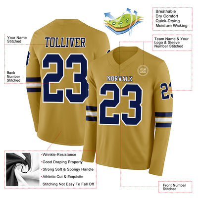 Custom Old Gold Navy-White Long Sleeve Authentic Football Jersey
