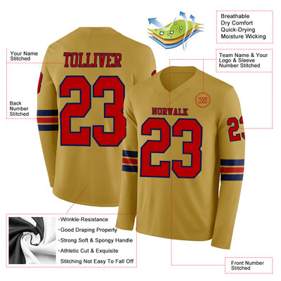 Custom Old Gold Red-Navy Long Sleeve Authentic Football Jersey