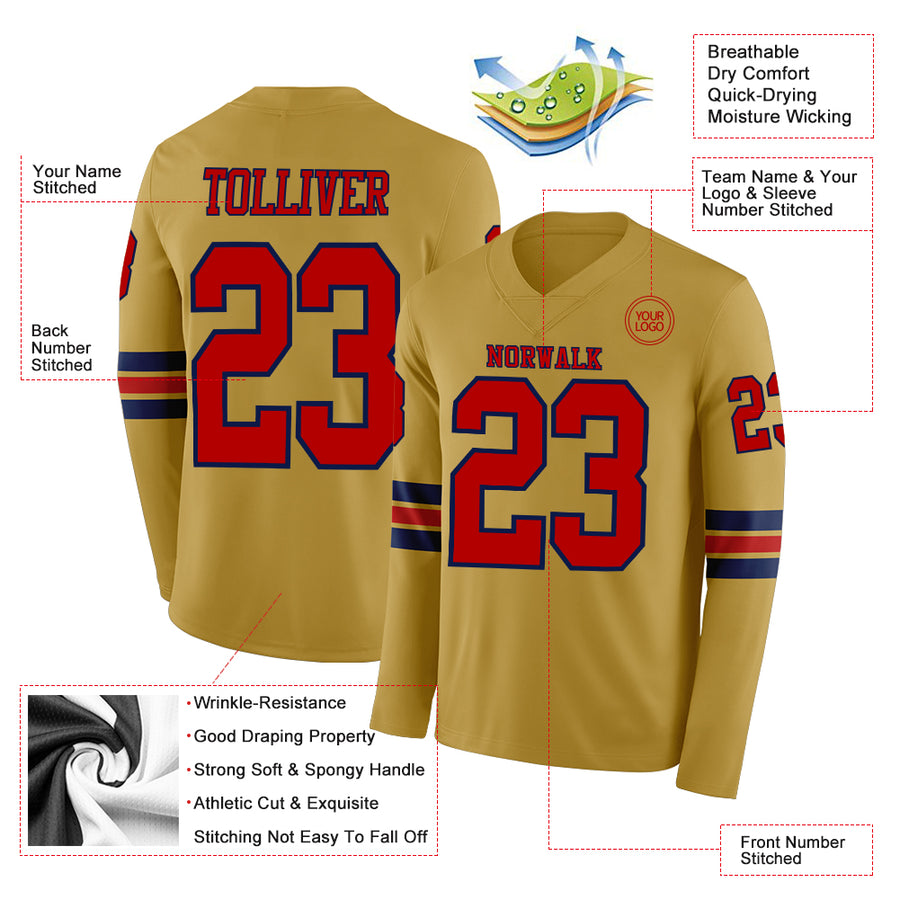 Custom Old Gold Red-Navy Long Sleeve Authentic Football Jersey