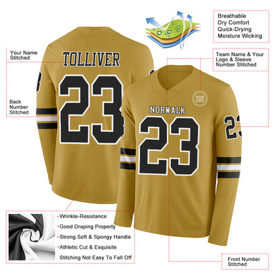 Custom Old Gold Black-White Long Sleeve Authentic Football Jersey
