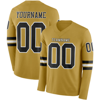 Custom Old Gold Black-White Long Sleeve Authentic Football Jersey