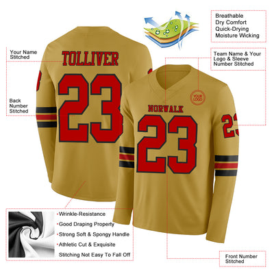 Custom Old Gold Red-Black Long Sleeve Authentic Football Jersey