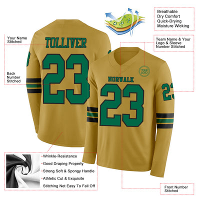 Custom Old Gold Kelly Green-Black Long Sleeve Authentic Football Jersey