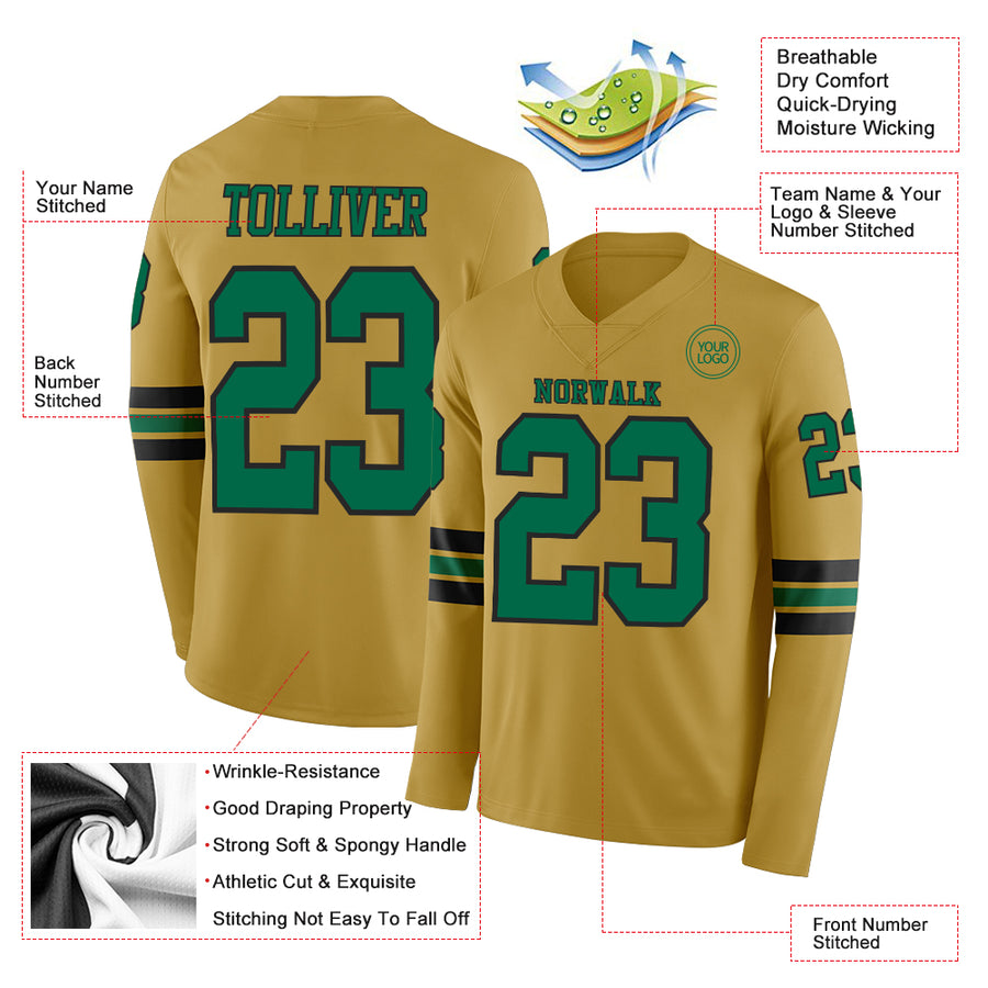 Custom Old Gold Kelly Green-Black Long Sleeve Authentic Football Jersey