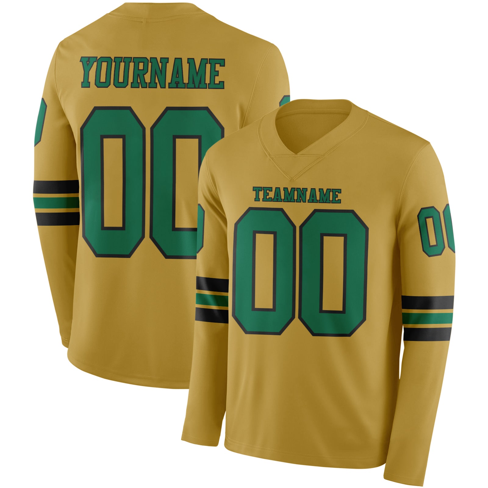 Custom Old Gold Kelly Green-Black Long Sleeve Authentic Football Jersey