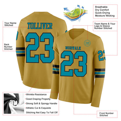 Custom Old Gold Teal-Black Long Sleeve Authentic Football Jersey