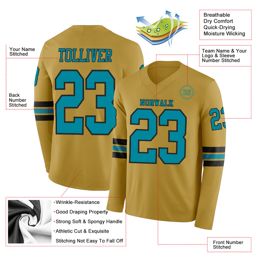 Custom Old Gold Teal-Black Long Sleeve Authentic Football Jersey