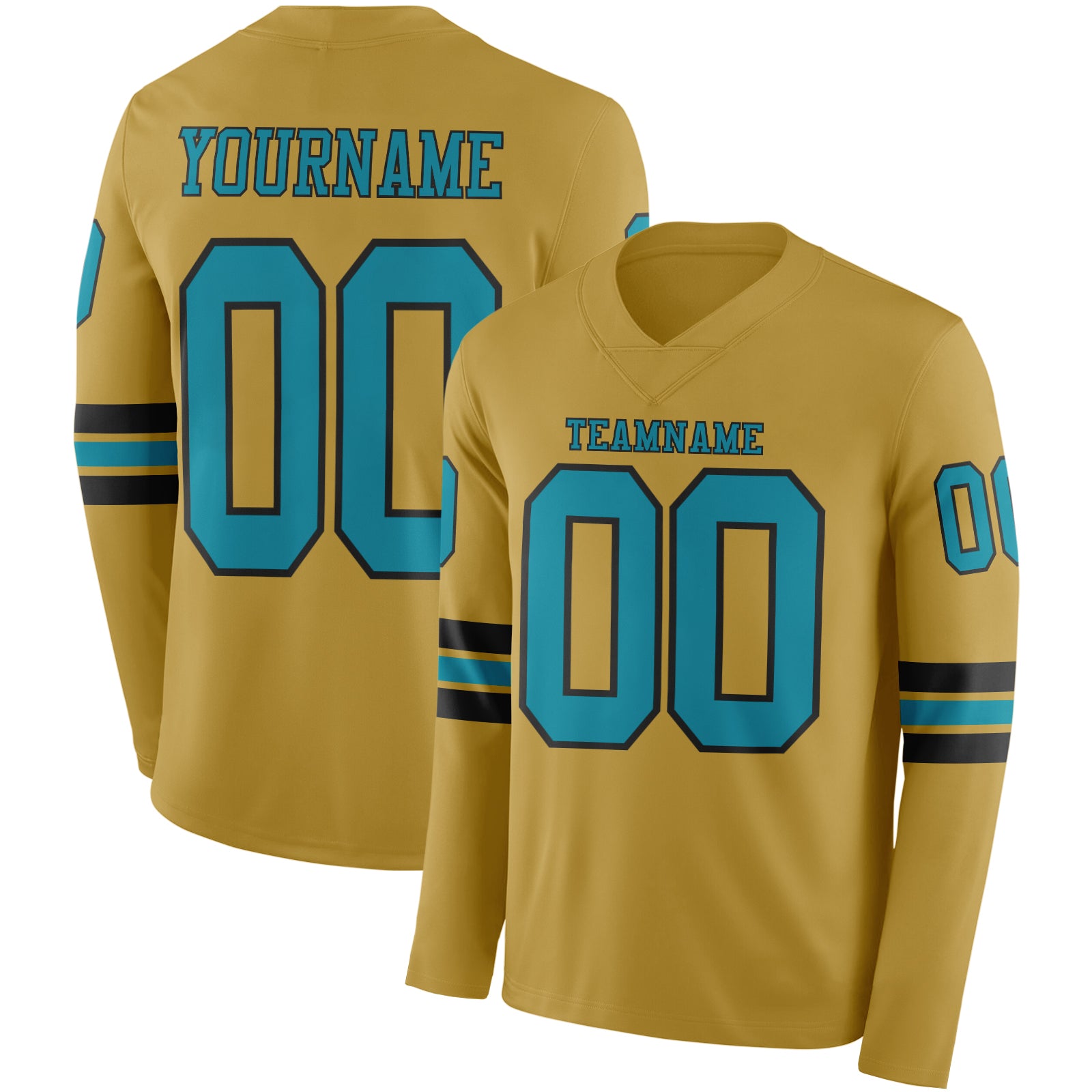 Custom Old Gold Teal-Black Long Sleeve Authentic Football Jersey