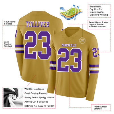 Custom Old Gold Purple-White Long Sleeve Authentic Football Jersey