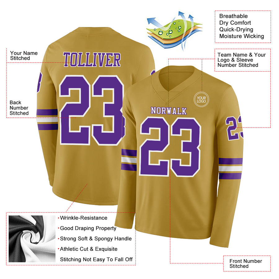 Custom Old Gold Purple-White Long Sleeve Authentic Football Jersey
