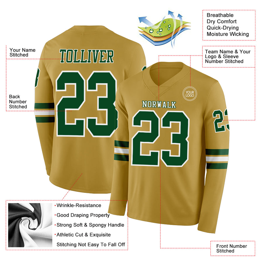 Custom Old Gold Green-White Long Sleeve Authentic Football Jersey