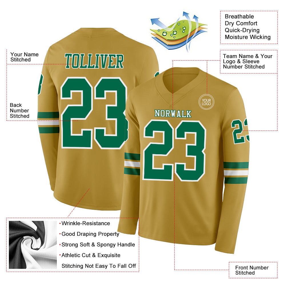 Custom Old Gold Kelly Green-White Long Sleeve Authentic Football Jersey