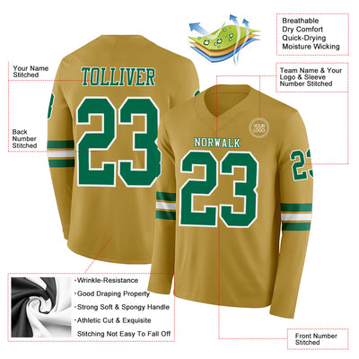 Custom Old Gold Kelly Green-White Long Sleeve Authentic Football Jersey