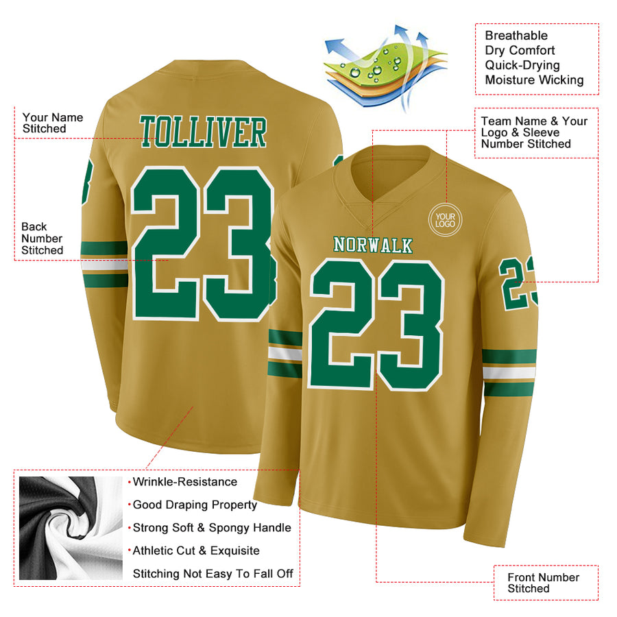Custom Old Gold Kelly Green-White Long Sleeve Authentic Football Jersey