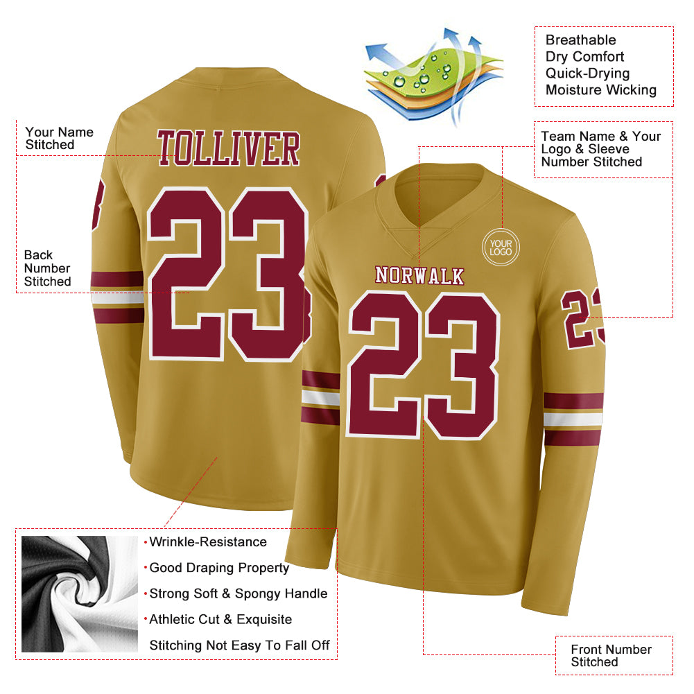 Custom Old Gold Crimson-White Long Sleeve Authentic Football Jersey