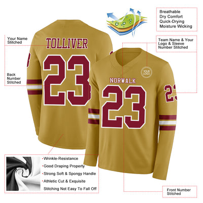 Custom Old Gold Crimson-White Long Sleeve Authentic Football Jersey