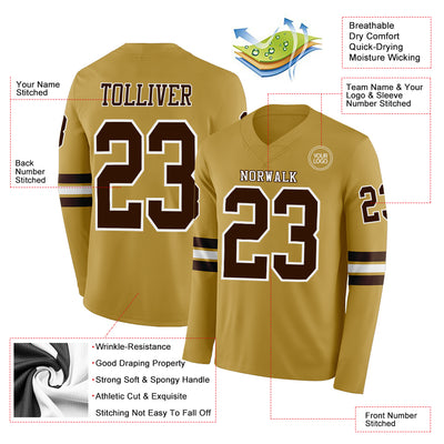 Custom Old Gold Brown-White Long Sleeve Authentic Football Jersey