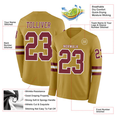 Custom Old Gold Burgundy-White Long Sleeve Authentic Football Jersey