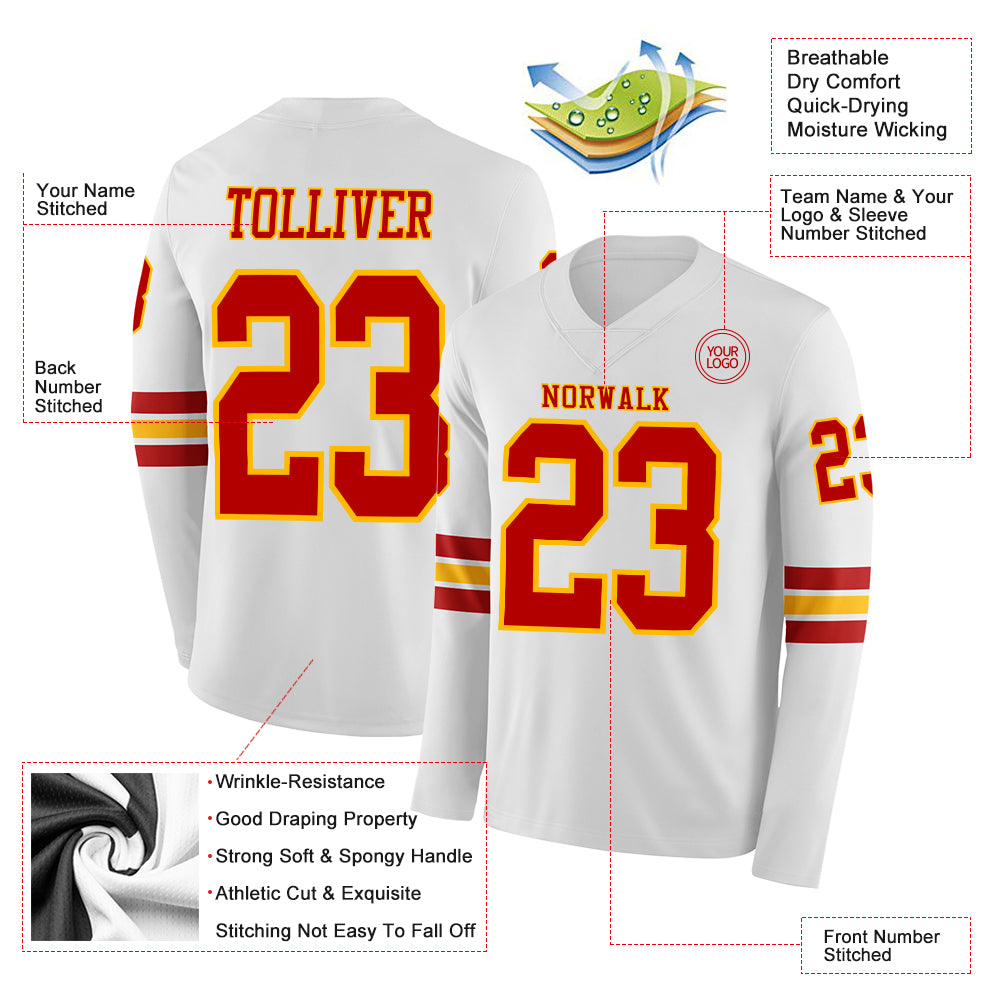 Custom White Red-Gold Long Sleeve Authentic Football Jersey