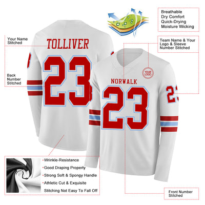 Custom White Red-Light Blue Long Sleeve Authentic Football Jersey