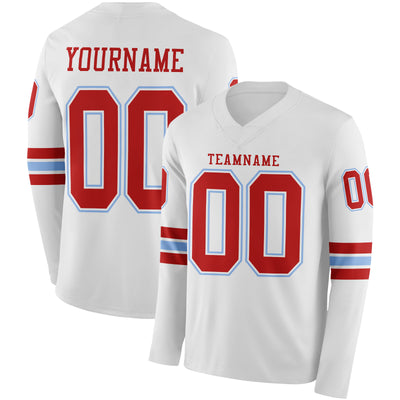 Custom White Red-Light Blue Long Sleeve Authentic Football Jersey