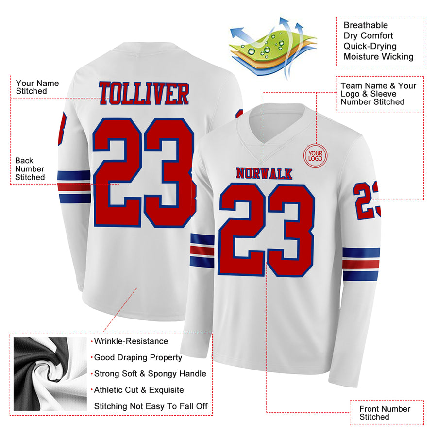 Custom White Red-Royal Long Sleeve Authentic Football Jersey