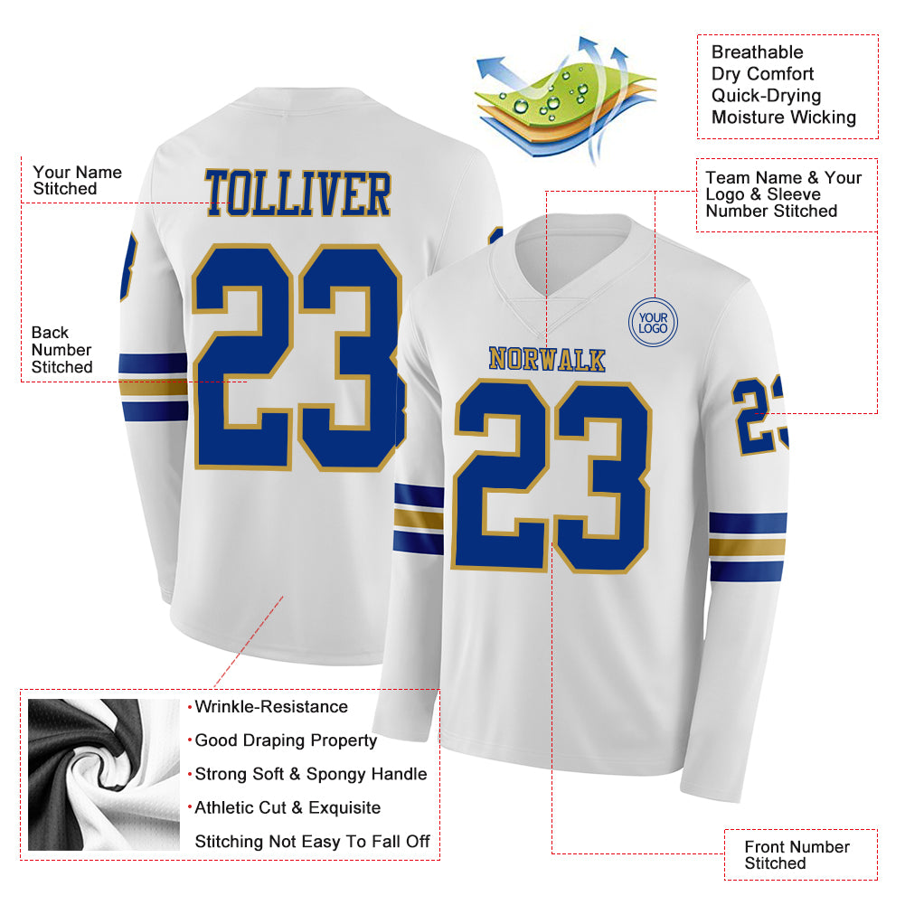 Custom White Royal-Old Gold Long Sleeve Authentic Football Jersey