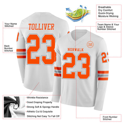 Custom White Orange-Gray Long Sleeve Authentic Football Jersey