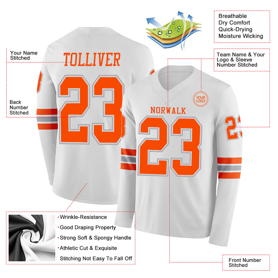 Custom White Orange-Gray Long Sleeve Authentic Football Jersey