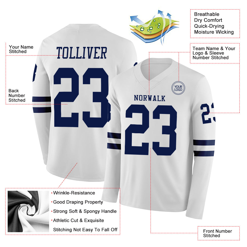 Custom White Navy Long Sleeve Authentic Football Jersey
