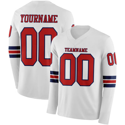 Custom White Red-Navy Long Sleeve Authentic Football Jersey