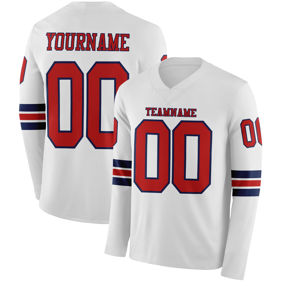 Custom White Red-Navy Long Sleeve Authentic Football Jersey