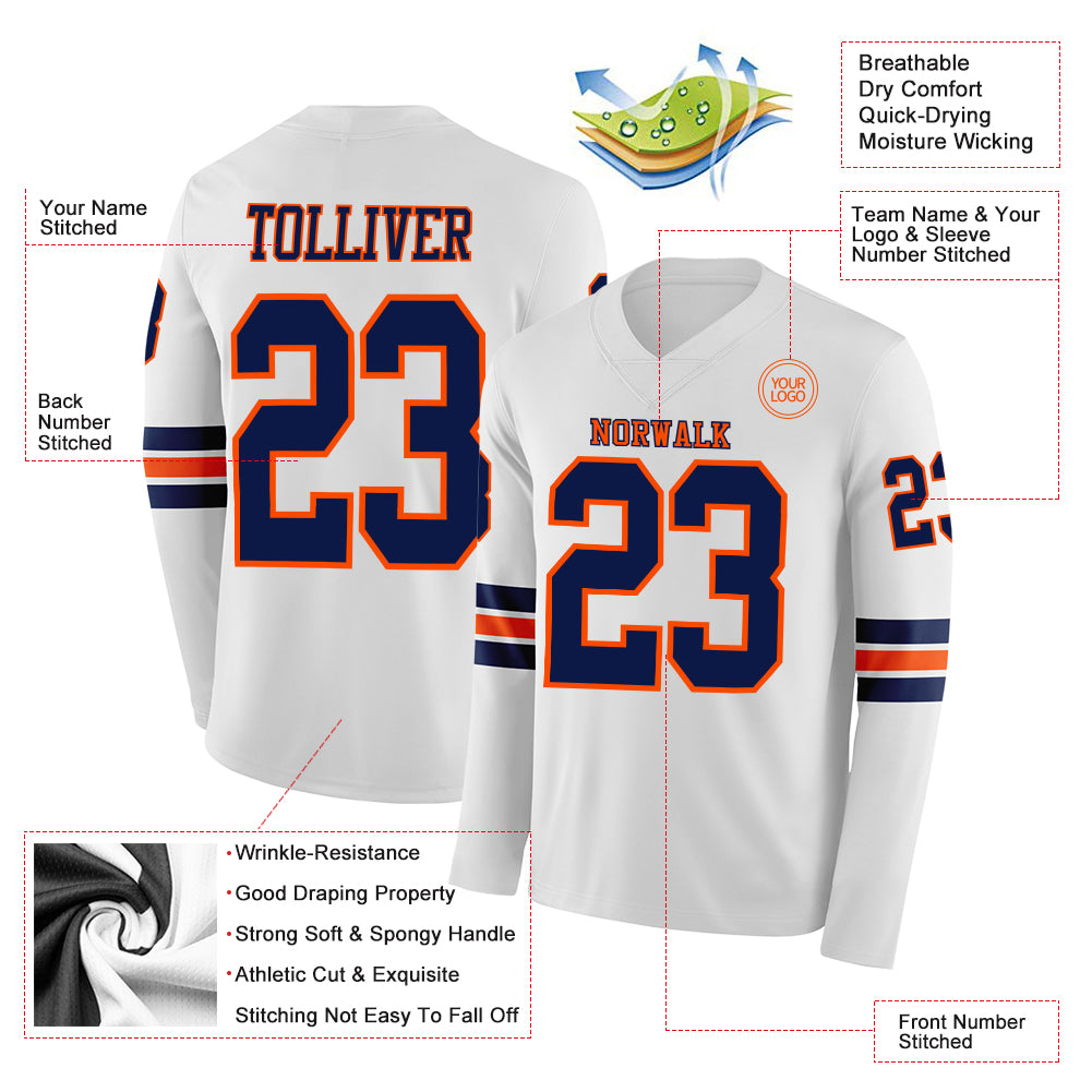 Custom White Navy-Orange Long Sleeve Authentic Football Jersey
