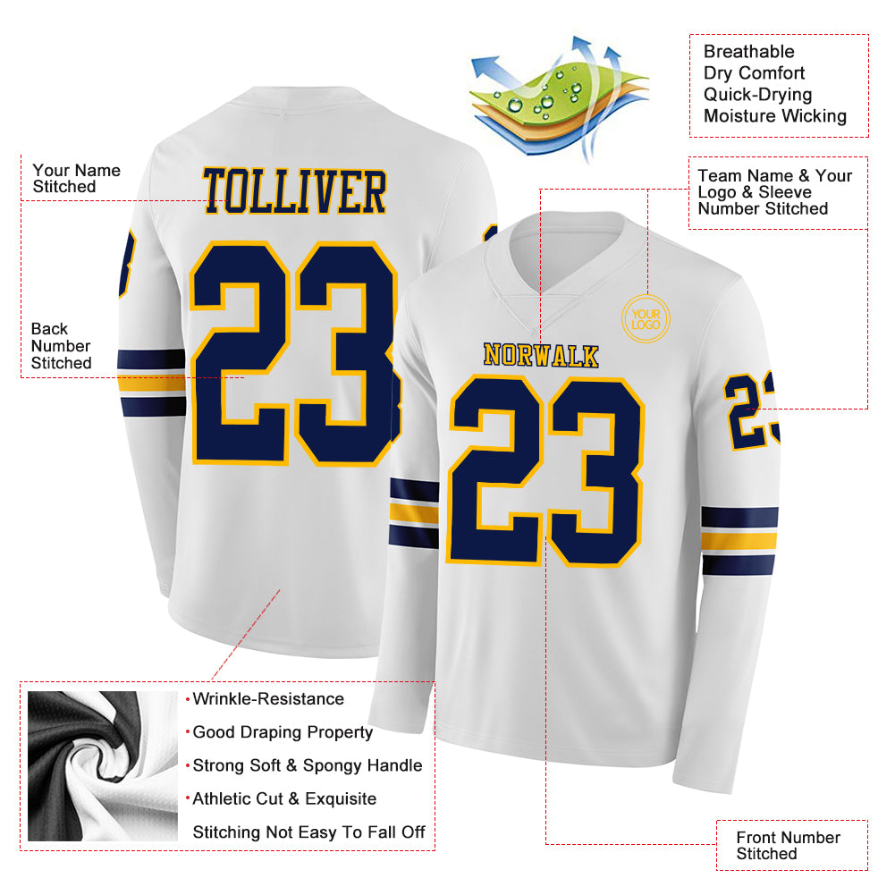 Custom White Navy-Gold Long Sleeve Authentic Football Jersey