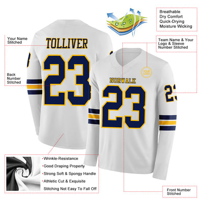 Custom White Navy-Gold Long Sleeve Authentic Football Jersey