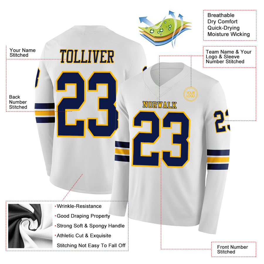 Custom White Navy-Gold Long Sleeve Authentic Football Jersey