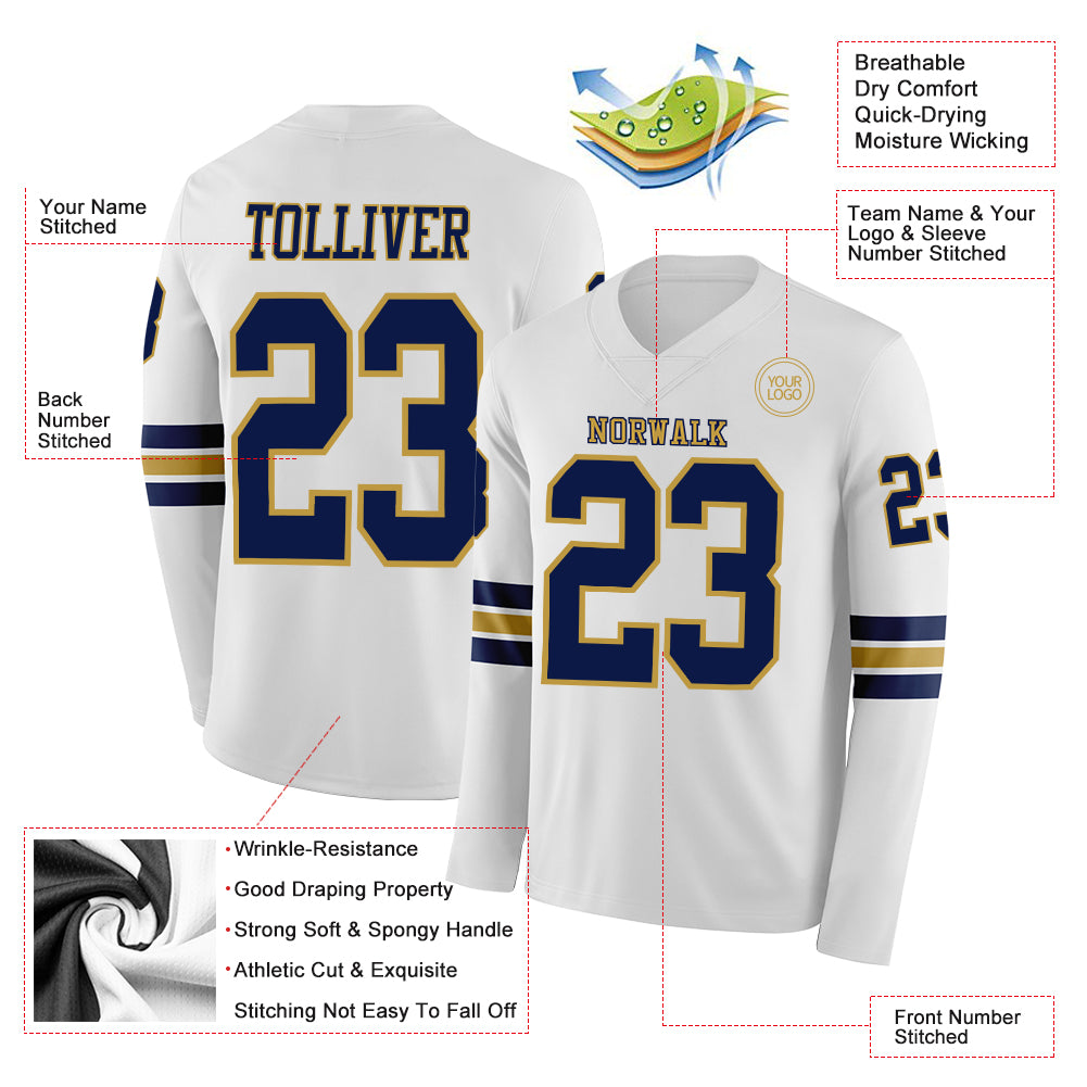 Custom White Navy-Old Gold Long Sleeve Authentic Football Jersey