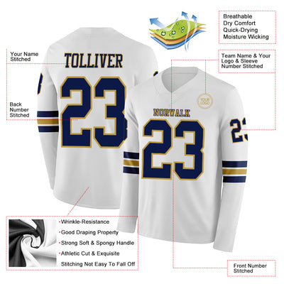 Custom White Navy-Old Gold Long Sleeve Authentic Football Jersey