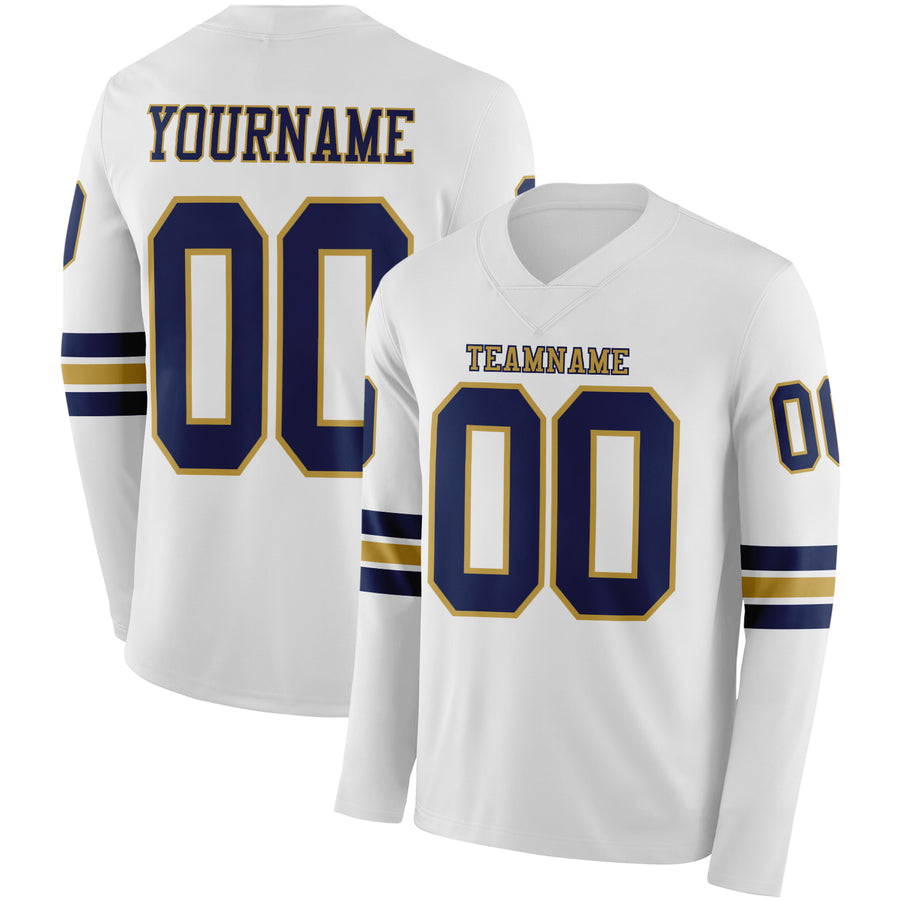 Custom White Navy-Old Gold Long Sleeve Authentic Football Jersey