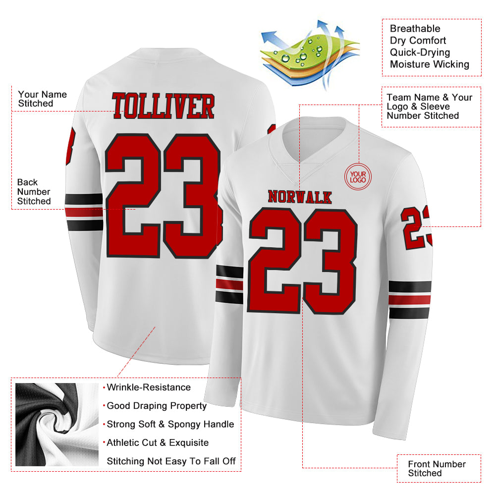 Custom White Red-Black Long Sleeve Authentic Football Jersey