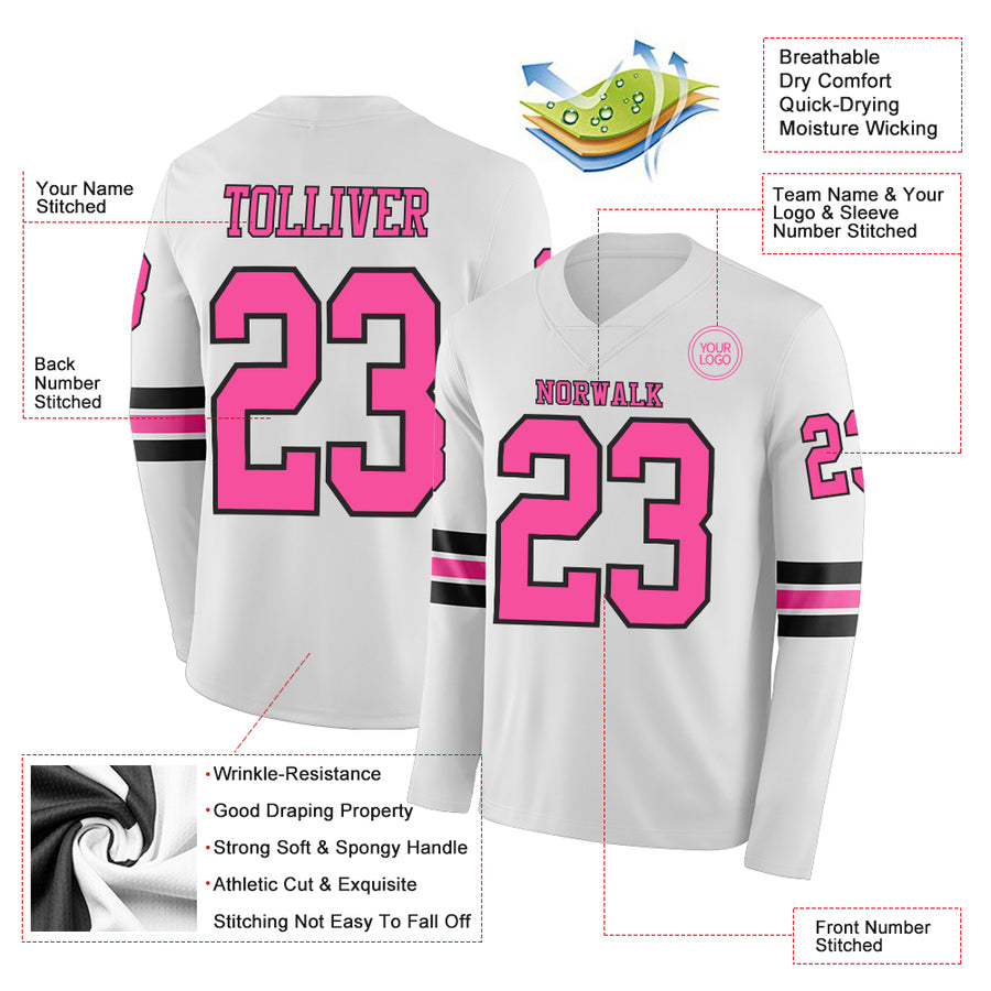 Custom White Pink-Black Long Sleeve Authentic Football Jersey