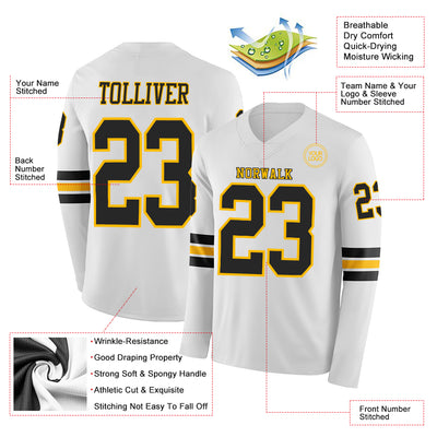 Custom White Black-Gold Long Sleeve Authentic Football Jersey