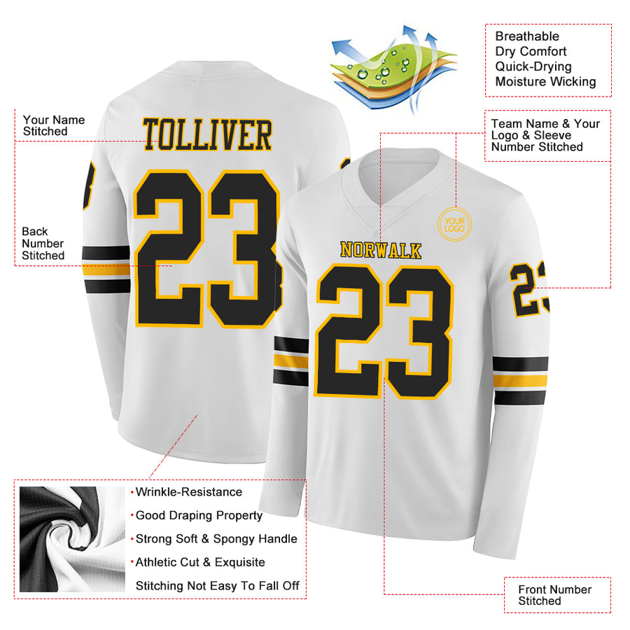 Custom White Black-Gold Long Sleeve Authentic Football Jersey