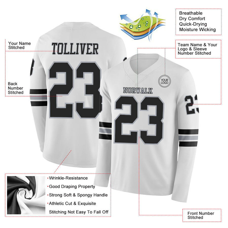 Custom White Black-Gray Long Sleeve Authentic Football Jersey