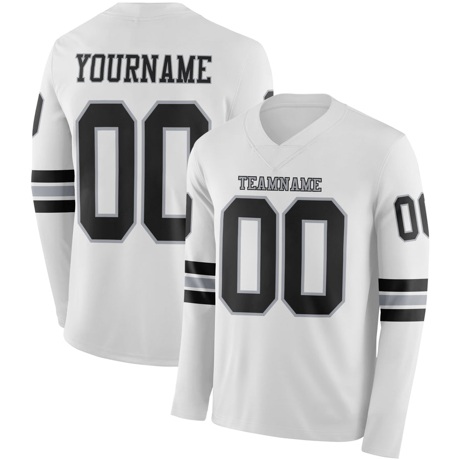 Custom White Black-Gray Long Sleeve Authentic Football Jersey