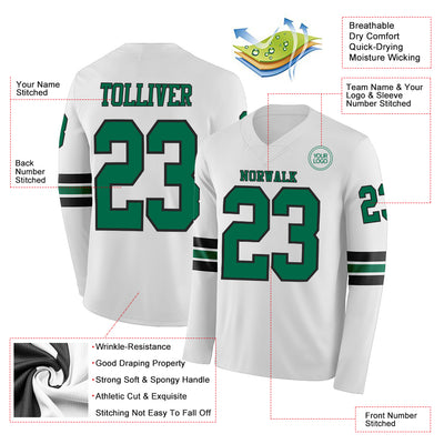 Custom White Kelly Green-Black Long Sleeve Authentic Football Jersey